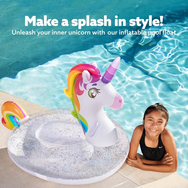 ⁦JOYIN Inflatable Unicorn Pool Float with Glitters, Fun Beach Floaties, Ride On Unicorn Raft, Pool Toys, Summer Party Lounge Raft Decorations for Kids (69" x 29.5" x 33.5")⁩ - الصورة ⁦5⁩