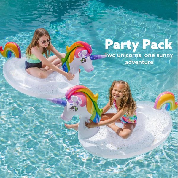 ⁦JOYIN Inflatable Unicorn Pool Float with Glitters, Fun Beach Floaties, Ride On Unicorn Raft, Pool Toys, Summer Party Lounge Raft Decorations for Kids (69" x 29.5" x 33.5")⁩ - الصورة ⁦2⁩