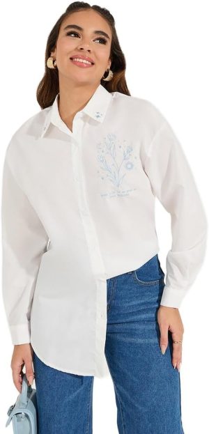 STYLI Women Oversized Embroidery Detail Button Down Shirt