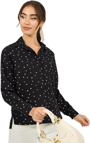 Styli Women 7008734101 Woven Heart Print High Low Hem Shirt