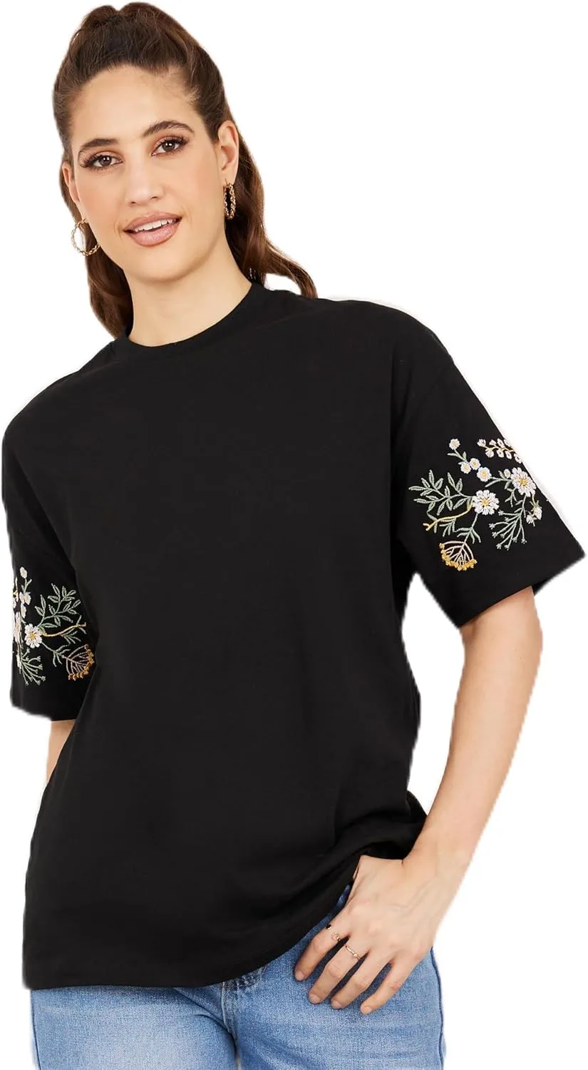 Styli Women Oversized Embroidered Longline T Shirt jpg