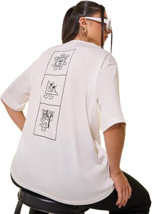 Styli Womens White Back Graphic Print Oversized T-Shirt