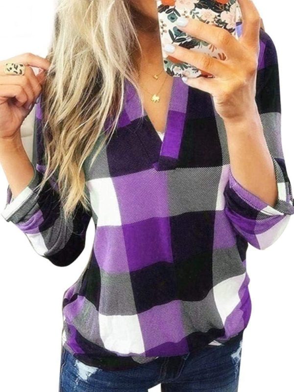 Women Long Sleeve Flannel Plaid Shirt Pullover Sexy V Neck Tops Casual Plaid Tunic Blouse Rolled Up Sleeve Check T Shirts Blouses,S-5XL