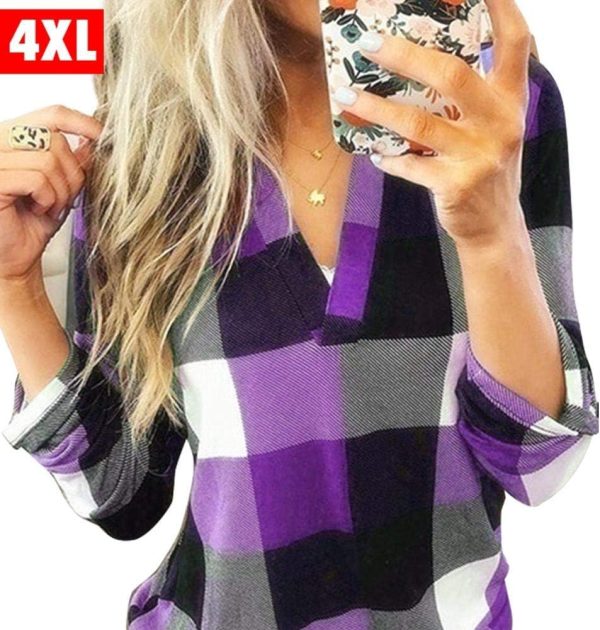 ⁦Women Long Sleeve Flannel Plaid Shirt Pullover Sexy V Neck Tops Casual Plaid Tunic Blouse Rolled Up Sleeve Check T Shirts Blouses,S-5XL⁩ - الصورة ⁦2⁩