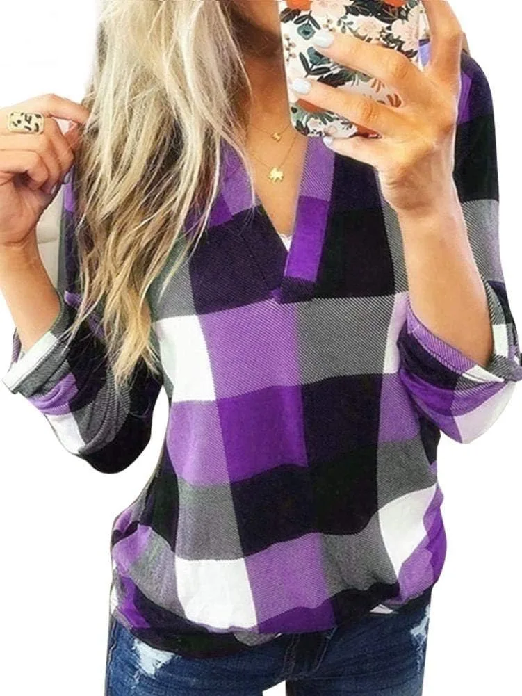 Women Long Sleeve Flannel Plaid Shirt Pullover Sexy V Neck jpg