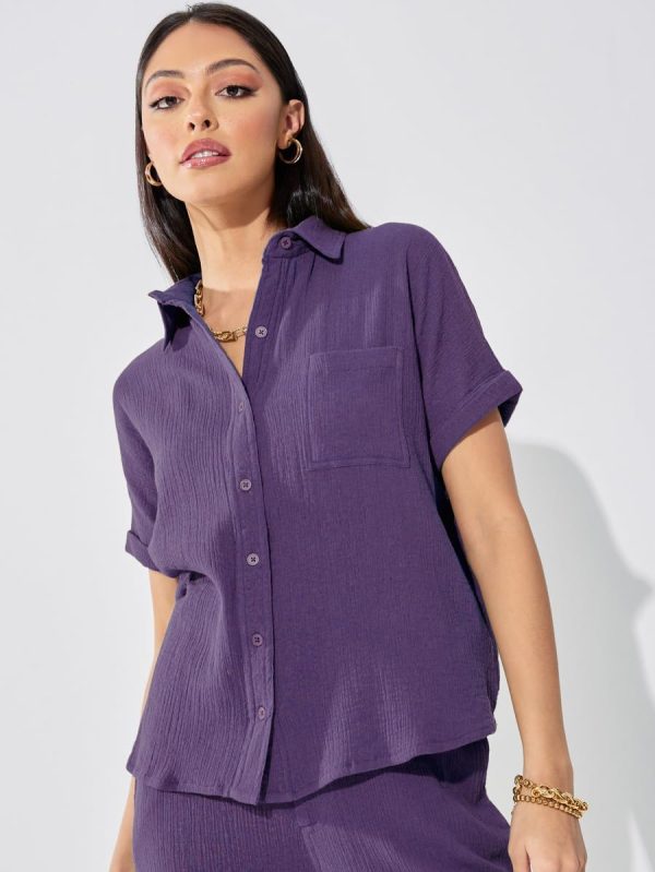 ⁦Styli Women Cotton Gauze Textured Extended Shoulder Shirt⁩ - الصورة ⁦3⁩