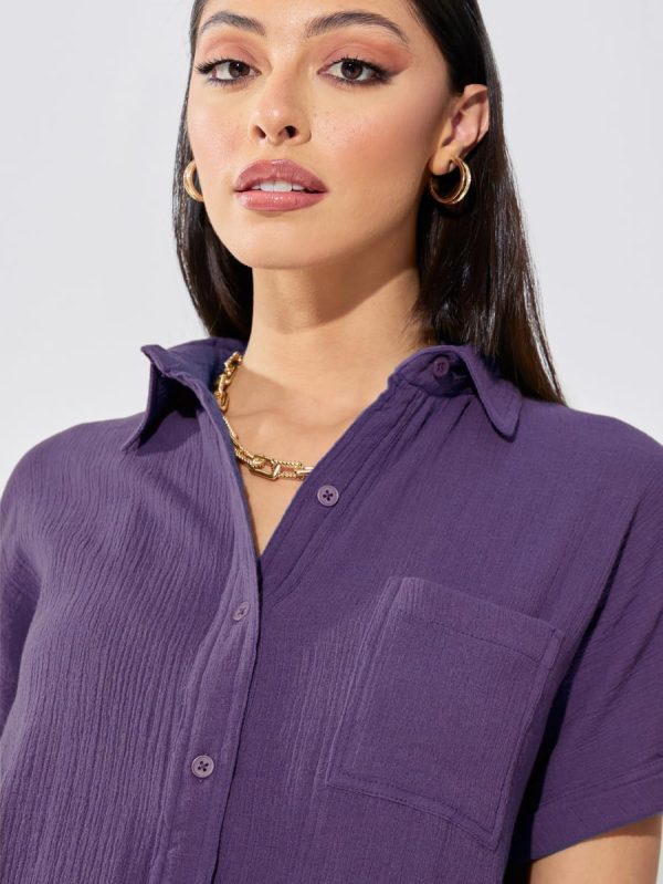 ⁦Styli Women Cotton Gauze Textured Extended Shoulder Shirt⁩ - الصورة ⁦4⁩