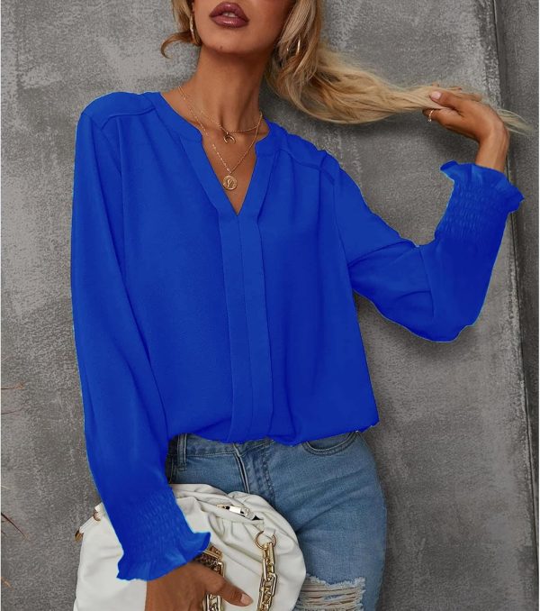 ⁦SYKT Womens Dressy Casual Tops V Neck Puff Ruffle Sleeve Blouses Trendy Long Sleeve Plain Blouses Shirts Tops⁩ - الصورة ⁦3⁩