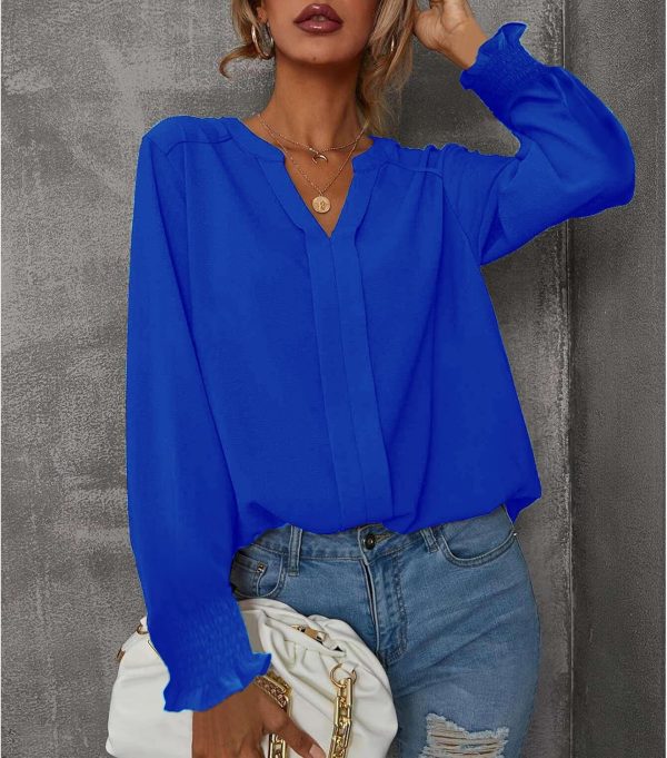 ⁦SYKT Womens Dressy Casual Tops V Neck Puff Ruffle Sleeve Blouses Trendy Long Sleeve Plain Blouses Shirts Tops⁩ - الصورة ⁦4⁩