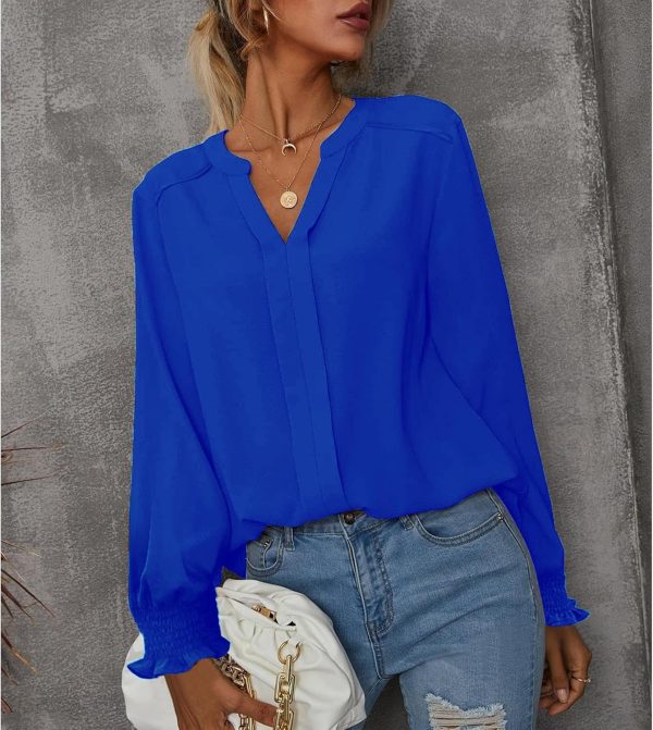 ⁦SYKT Womens Dressy Casual Tops V Neck Puff Ruffle Sleeve Blouses Trendy Long Sleeve Plain Blouses Shirts Tops⁩ - الصورة ⁦5⁩
