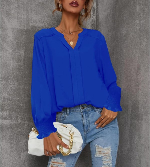 ⁦SYKT Womens Dressy Casual Tops V Neck Puff Ruffle Sleeve Blouses Trendy Long Sleeve Plain Blouses Shirts Tops⁩ - الصورة ⁦7⁩