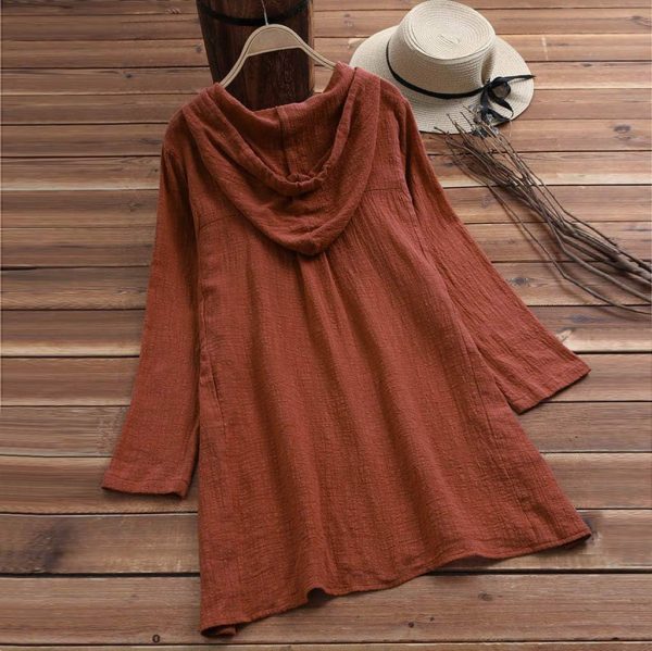 ⁦Blouse for Women Fankle Solid Cotton Linen Tops Tee Shirt Hooded Long Sleeve Casual Long Tunicï¼ˆPink,L)⁩ - الصورة ⁦3⁩
