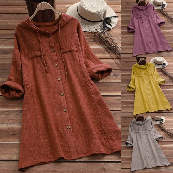 ⁦Blouse for Women Fankle Solid Cotton Linen Tops Tee Shirt Hooded Long Sleeve Casual Long Tunicï¼ˆPink,L)⁩ - الصورة ⁦4⁩