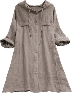 Blouse for Women Fankle Solid Cotton Linen Tops Tee Shirt Hooded Long Sleeve Casual Long Tunicï¼ˆPink,L)