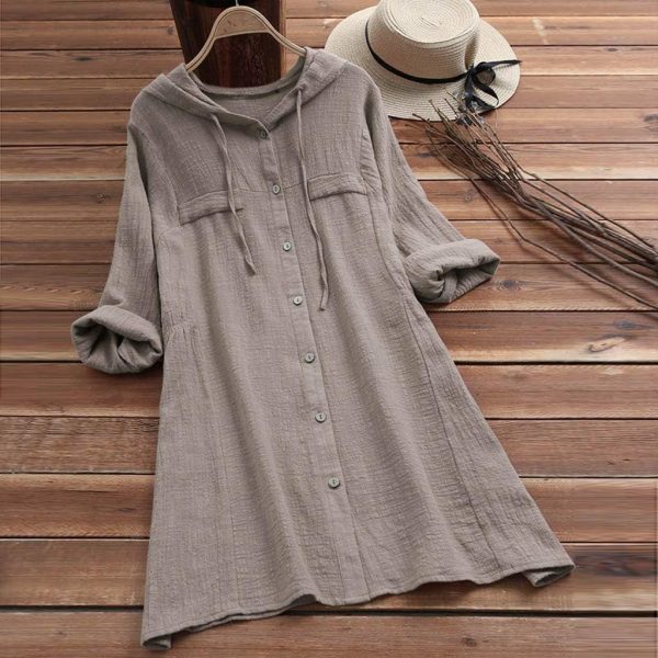 ⁦Blouse for Women Fankle Solid Cotton Linen Tops Tee Shirt Hooded Long Sleeve Casual Long Tunicï¼ˆPink,L)⁩ - الصورة ⁦2⁩