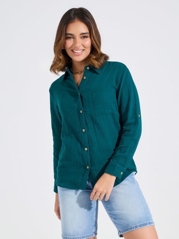 ⁦Styli Women 7005359613 Textured Oversized Shirt With Roll-Up Sleeves⁩ - الصورة ⁦3⁩