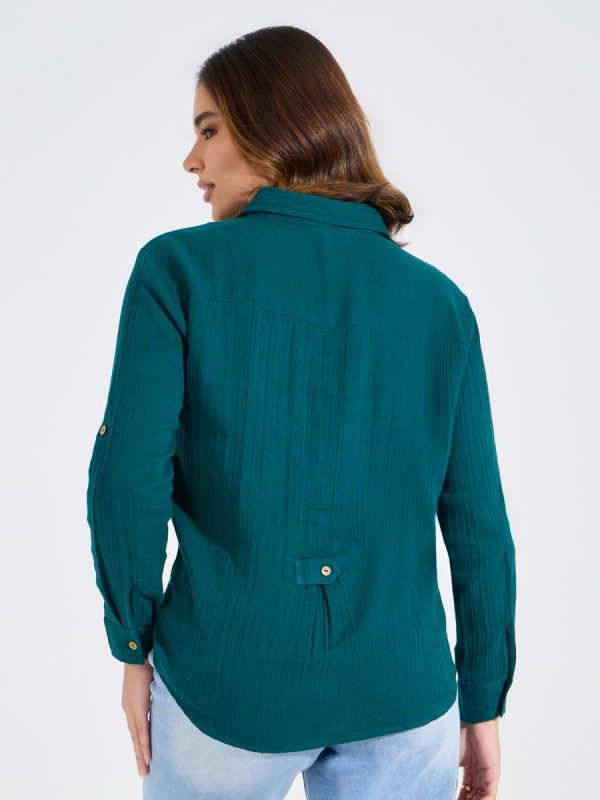 ⁦Styli Women 7005359613 Textured Oversized Shirt With Roll-Up Sleeves⁩ - الصورة ⁦5⁩