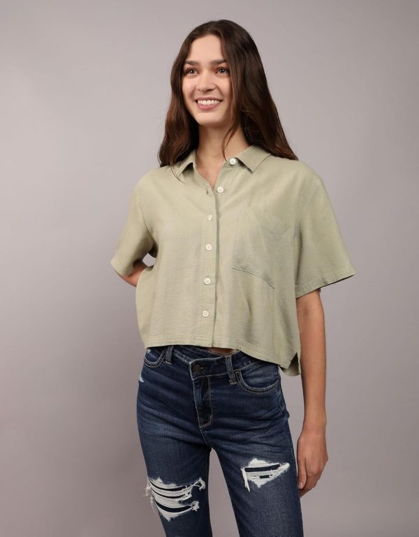 ⁦American Eagle Women Short-Sleeve Button-Up Shirt⁩ - الصورة ⁦2⁩
