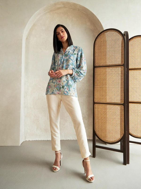 ⁦Leriya Fashion Women's Rayon Floral Printed Shawl Collared Neck Fancy Shirt Style Western Top for Girls Long Cuff Sleeves Shirt for Office Party Travel Outing Holidays Wear Tunic⁩ - الصورة ⁦3⁩