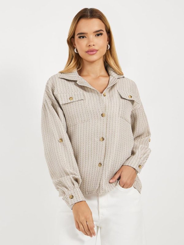 ⁦Styli Women Relaxed Fit Tweed Shirt With Roll-Up Sleeves⁩ - الصورة ⁦3⁩