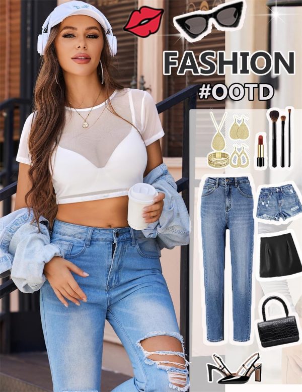 ⁦Mesh Crop Top for Women, Short Sleeve Bodycon Tees Y2k See Through Blouse, Women's Summer Mesh Tops, Plus Sheer Cropped Shirt, Black Crop Short Sleeve, O Neck Clubwear (2 Pack, Black, White)⁩ - الصورة ⁦4⁩