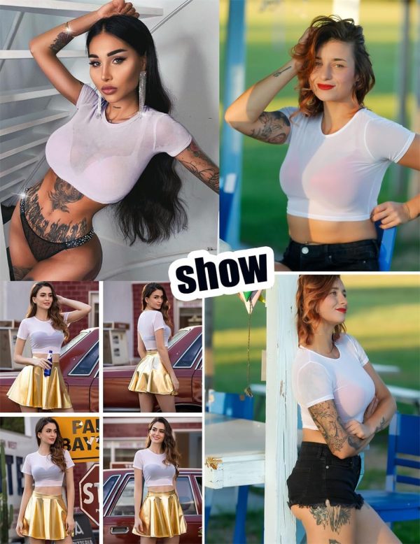 ⁦Mesh Crop Top for Women, Short Sleeve Bodycon Tees Y2k See Through Blouse, Women's Summer Mesh Tops, Plus Sheer Cropped Shirt, Black Crop Short Sleeve, O Neck Clubwear (2 Pack, Black, White)⁩ - الصورة ⁦6⁩
