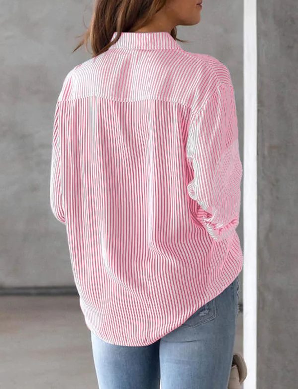 ⁦SEAUR Striped Linen Blouse Women Elegant Long Sleeve Casual V Neck Shirt Fashion Stylish Button Down Office Top Basic Summer Longline Tunics⁩ - الصورة ⁦4⁩