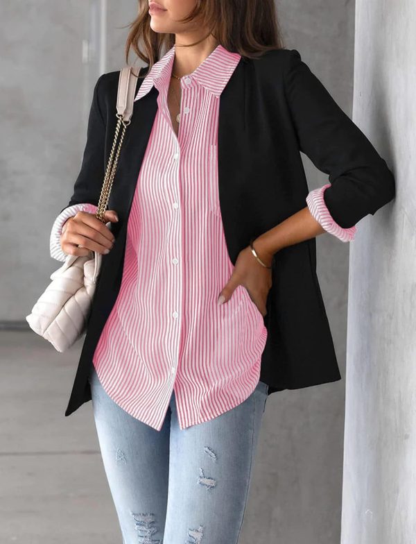 ⁦SEAUR Striped Linen Blouse Women Elegant Long Sleeve Casual V Neck Shirt Fashion Stylish Button Down Office Top Basic Summer Longline Tunics⁩ - الصورة ⁦6⁩
