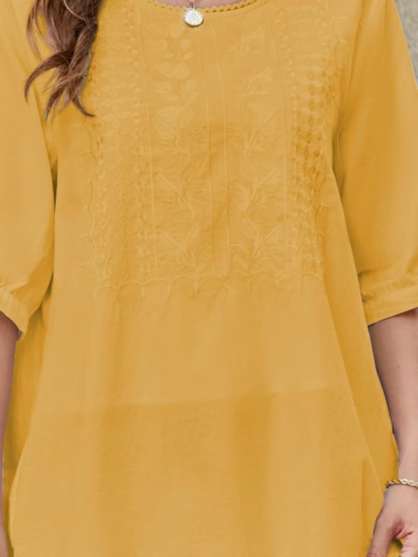 ⁦Women's Boho Embroidered Blouse, Coruja Mexican Bohemian Style Tops, Half Sleeve, Loose, Round Neck, Cotton Shirt, Plus Size Casual Tee Blouse⁩ - الصورة ⁦3⁩