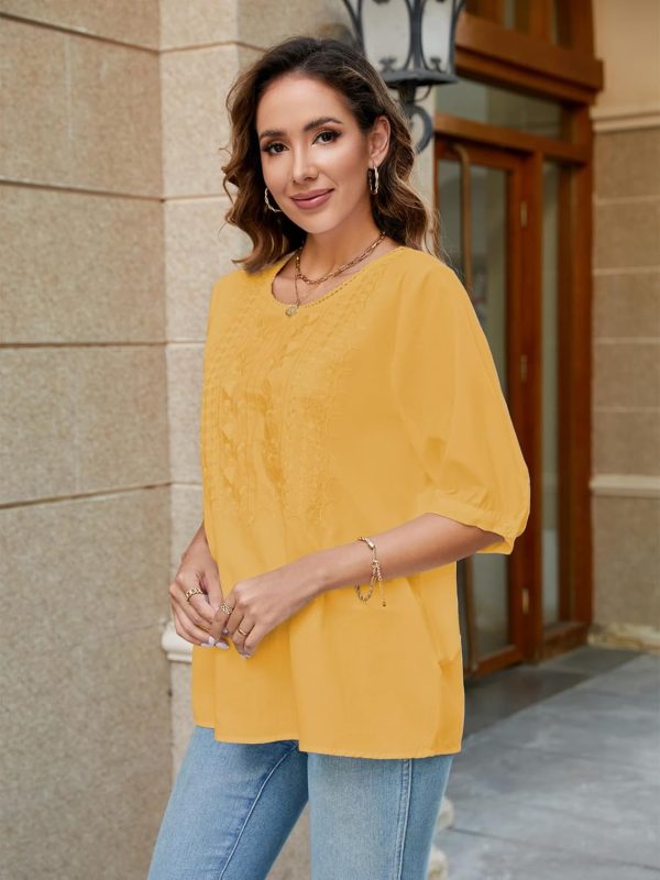⁦Women's Boho Embroidered Blouse, Coruja Mexican Bohemian Style Tops, Half Sleeve, Loose, Round Neck, Cotton Shirt, Plus Size Casual Tee Blouse⁩ - الصورة ⁦5⁩