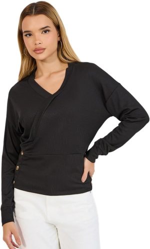 Styli Women Side Button Detail Wrap Front Knit Top