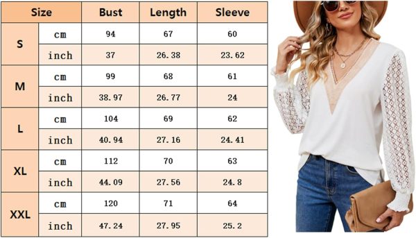 ⁦LEKOPUR Ladies Lace Long Sleeve Blouses Elegant V Neck Women's Blouses & Shirts Loose Casual Going Out Tunic Tops for Women⁩ - الصورة ⁦5⁩