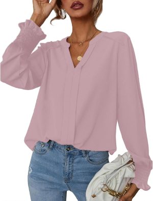 SYKT Womens Dressy Casual Tops V Neck Puff Ruffle Sleeve Blouses Trendy Long Sleeve Plain Blouses Shirts Tops