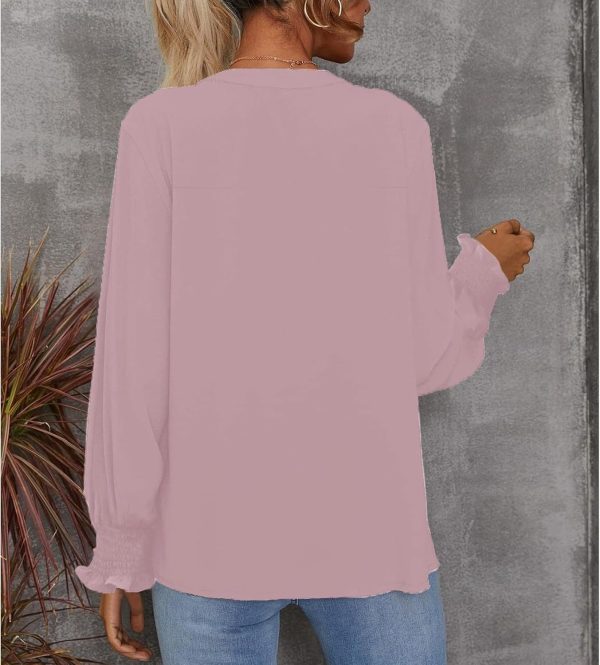 ⁦SYKT Womens Dressy Casual Tops V Neck Puff Ruffle Sleeve Blouses Trendy Long Sleeve Plain Blouses Shirts Tops⁩ - الصورة ⁦2⁩