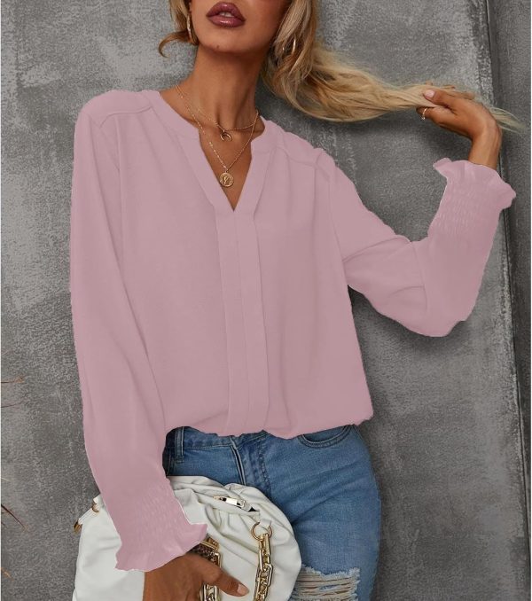 ⁦SYKT Womens Dressy Casual Tops V Neck Puff Ruffle Sleeve Blouses Trendy Long Sleeve Plain Blouses Shirts Tops⁩ - الصورة ⁦3⁩