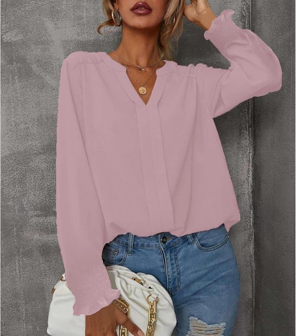 ⁦SYKT Womens Dressy Casual Tops V Neck Puff Ruffle Sleeve Blouses Trendy Long Sleeve Plain Blouses Shirts Tops⁩ - الصورة ⁦4⁩