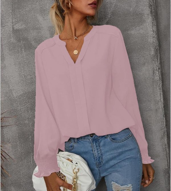 ⁦SYKT Womens Dressy Casual Tops V Neck Puff Ruffle Sleeve Blouses Trendy Long Sleeve Plain Blouses Shirts Tops⁩ - الصورة ⁦5⁩