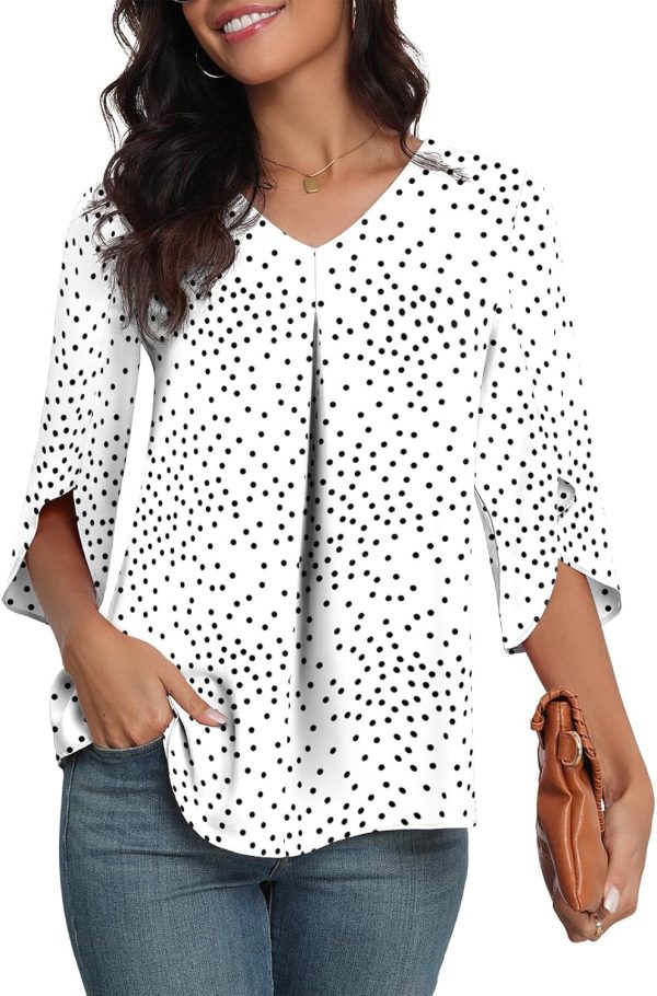 ⁦LAOLASI Womens Summer Chiffon Blouses 3/4 Sleeve V Neck Casual Loose Work Tops for Leggings 2025 Flowy Dressy Tshirts⁩ - الصورة ⁦3⁩