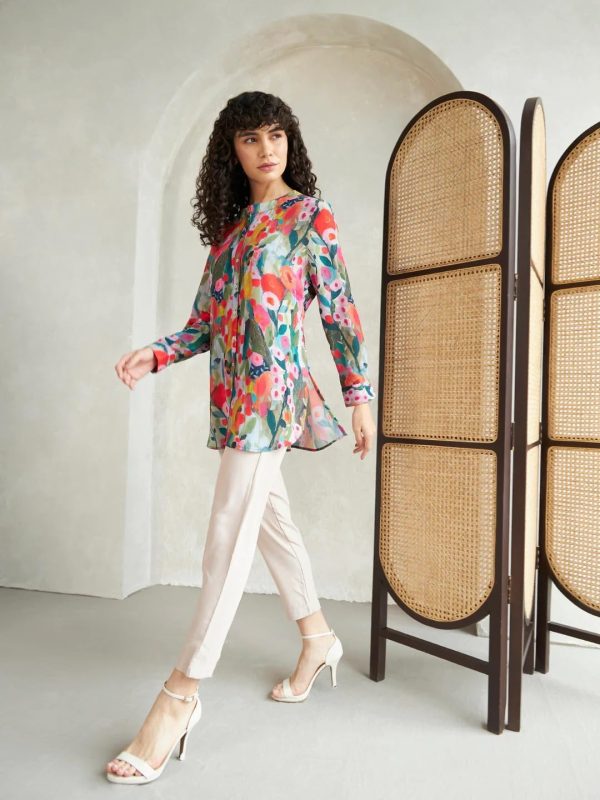 ⁦Leriya Fashion Rayon Vibrant Floral Printed Long Cuff Sleeves Button Closure Mandarin Collar Fancy Shirt Style Tops for Women Suitable for Office Party for Girls⁩ - الصورة ⁦3⁩
