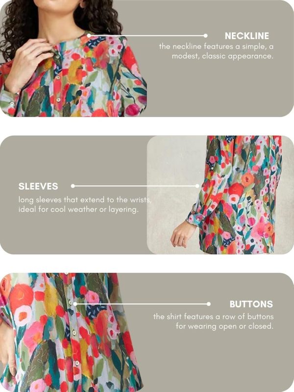 ⁦Leriya Fashion Rayon Vibrant Floral Printed Long Cuff Sleeves Button Closure Mandarin Collar Fancy Shirt Style Tops for Women Suitable for Office Party for Girls⁩ - الصورة ⁦4⁩