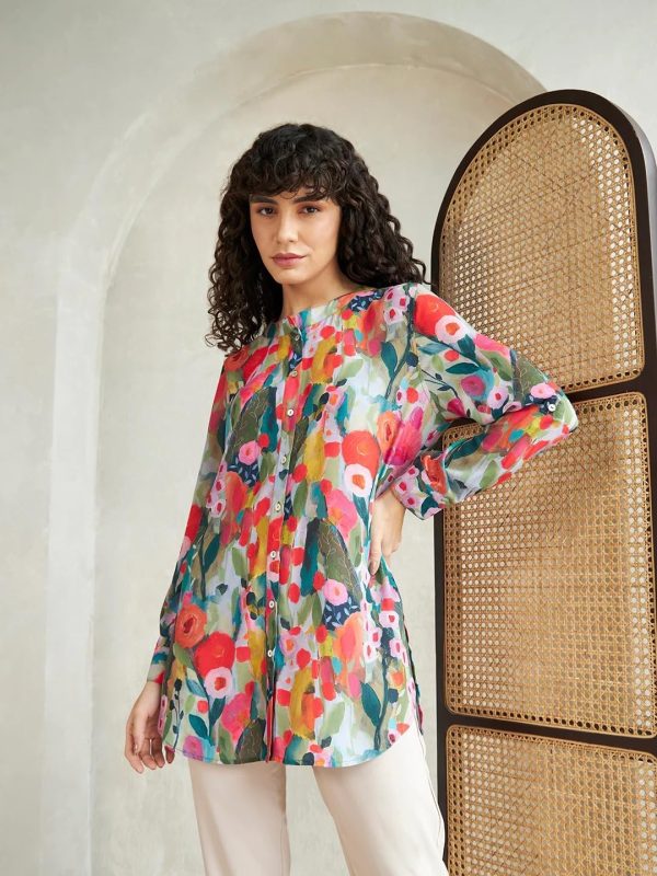 ⁦Leriya Fashion Rayon Vibrant Floral Printed Long Cuff Sleeves Button Closure Mandarin Collar Fancy Shirt Style Tops for Women Suitable for Office Party for Girls⁩ - الصورة ⁦5⁩