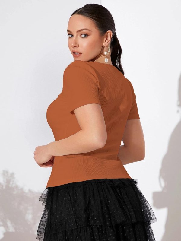⁦Shasmi Women's & Girl's Solid Knitted Square Neck T-Shirts Short Puff Sleeve Tops⁩ - الصورة ⁦3⁩