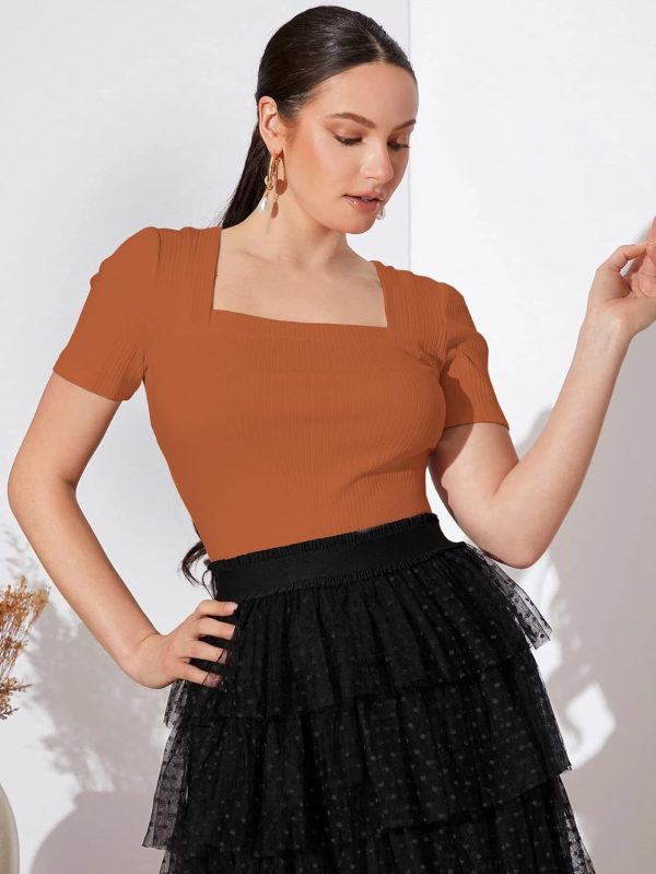 ⁦Shasmi Women's & Girl's Solid Knitted Square Neck T-Shirts Short Puff Sleeve Tops⁩ - الصورة ⁦4⁩