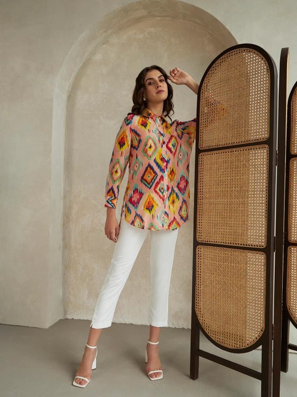 ⁦Leriya Fashion Women's Rayon Ikat Printed Casual Shirt Tops for Women Long Cuff Sleeves Collared Neck Button Down Tunic for Outing Travel Holiday Party Office Wear Shirts⁩ - الصورة ⁦3⁩