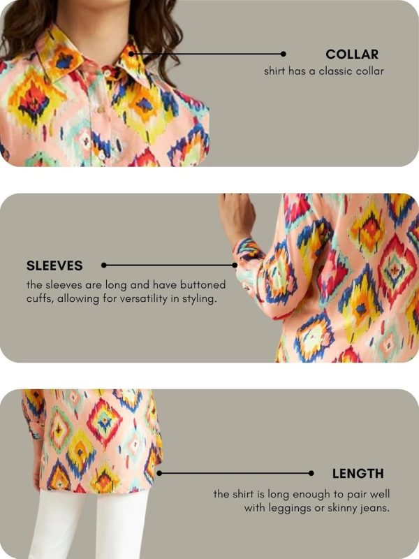 ⁦Leriya Fashion Women's Rayon Ikat Printed Casual Shirt Tops for Women Long Cuff Sleeves Collared Neck Button Down Tunic for Outing Travel Holiday Party Office Wear Shirts⁩ - الصورة ⁦4⁩