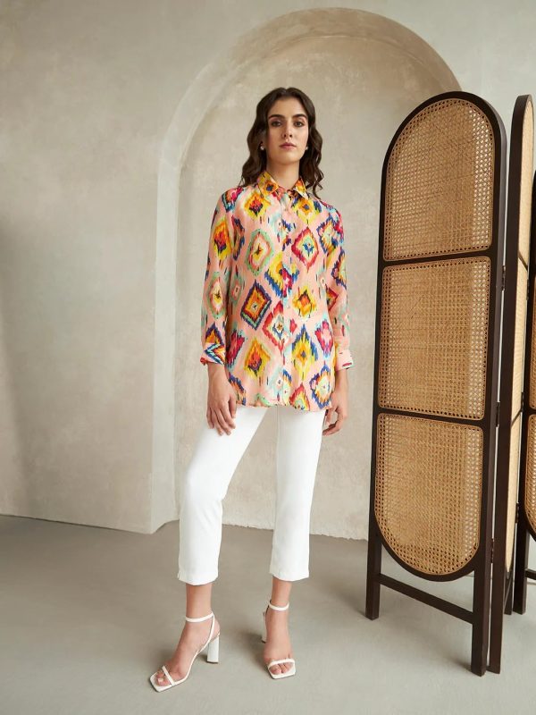 ⁦Leriya Fashion Women's Rayon Ikat Printed Casual Shirt Tops for Women Long Cuff Sleeves Collared Neck Button Down Tunic for Outing Travel Holiday Party Office Wear Shirts⁩ - الصورة ⁦5⁩