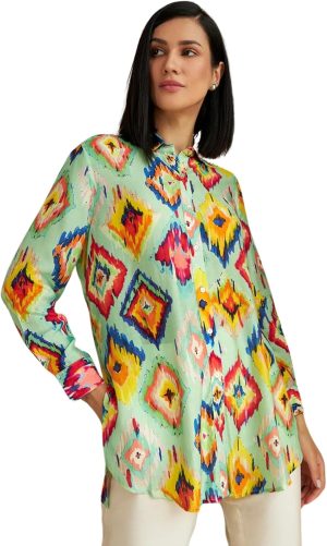 Leriya Fashion Women's Rayon Ikat Printed Casual Shirt Tops for Women Long Cuff Sleeves Collared Neck Button Down Tunic for Outing Travel Holiday Party Office Wear Shirts