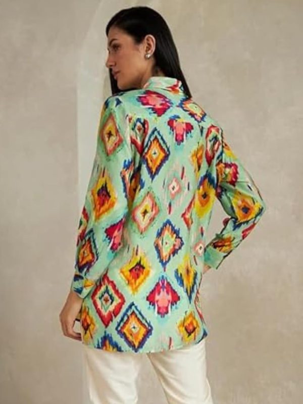⁦Leriya Fashion Women's Rayon Ikat Printed Casual Shirt Tops for Women Long Cuff Sleeves Collared Neck Button Down Tunic for Outing Travel Holiday Party Office Wear Shirts⁩ - الصورة ⁦2⁩
