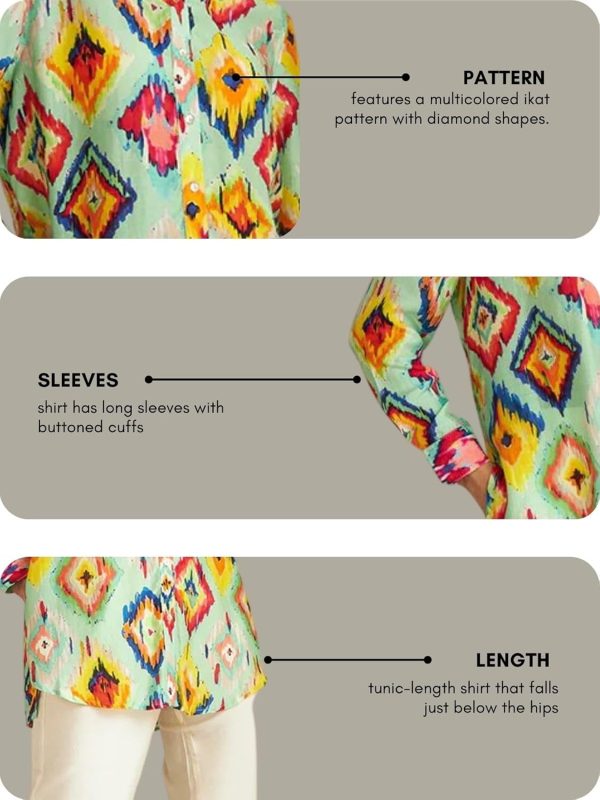 ⁦Leriya Fashion Women's Rayon Ikat Printed Casual Shirt Tops for Women Long Cuff Sleeves Collared Neck Button Down Tunic for Outing Travel Holiday Party Office Wear Shirts⁩ - الصورة ⁦4⁩