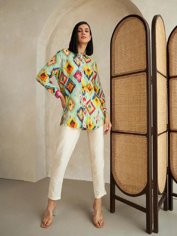 ⁦Leriya Fashion Women's Rayon Ikat Printed Casual Shirt Tops for Women Long Cuff Sleeves Collared Neck Button Down Tunic for Outing Travel Holiday Party Office Wear Shirts⁩ - الصورة ⁦5⁩